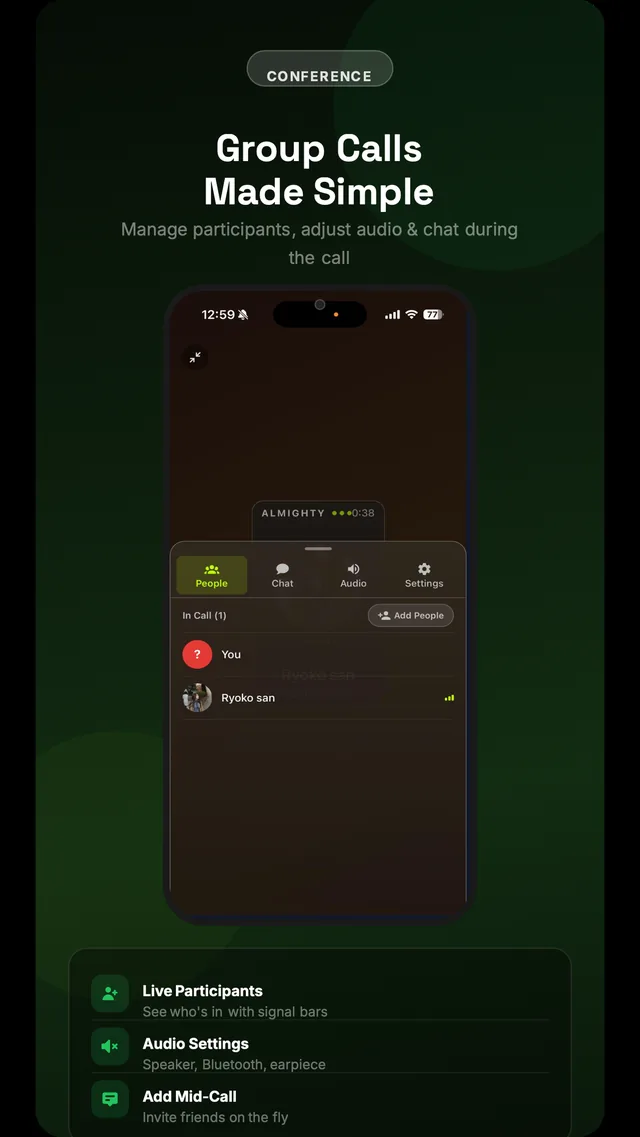 Almighty group call screen with participant controls