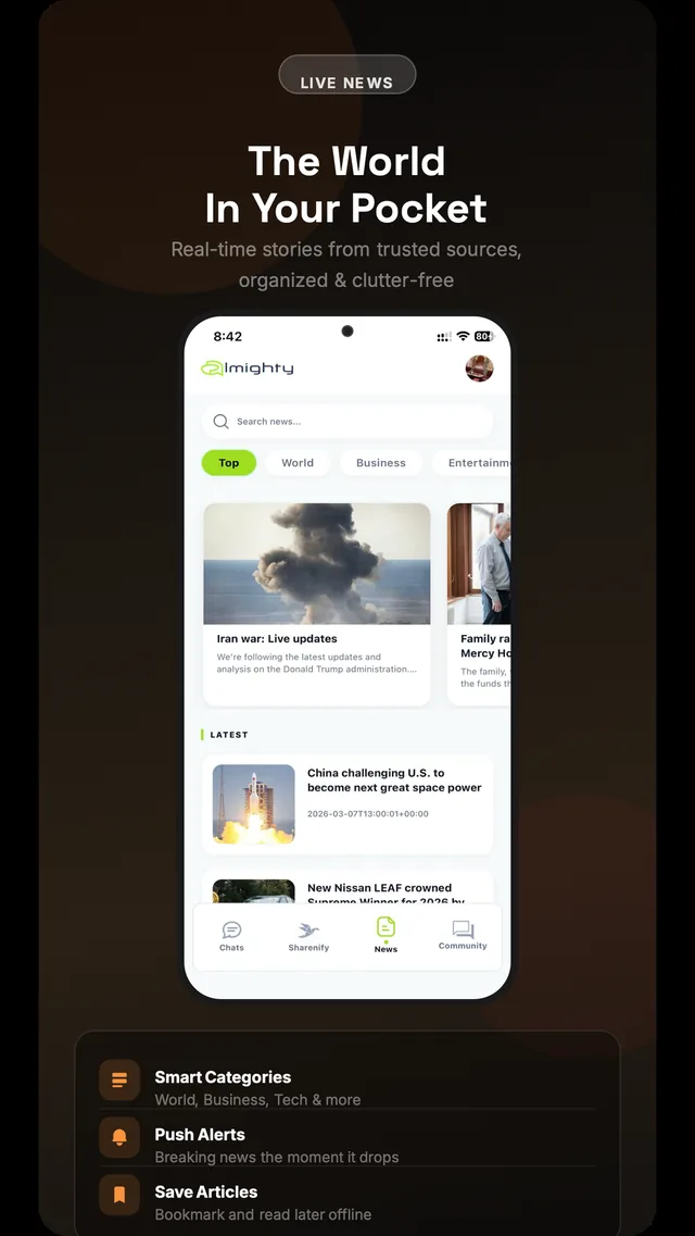 Almighty news feed screen with categorised story cards
