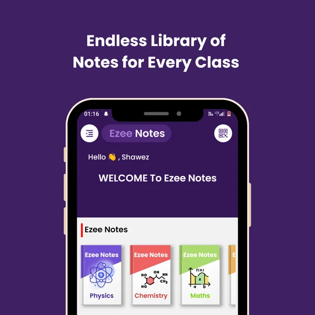 EzeeNotes home screen with subject cards for physics, chemistry and maths