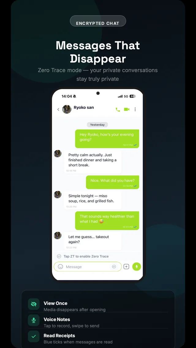 Almighty chat screen with message bubbles and a voice note button