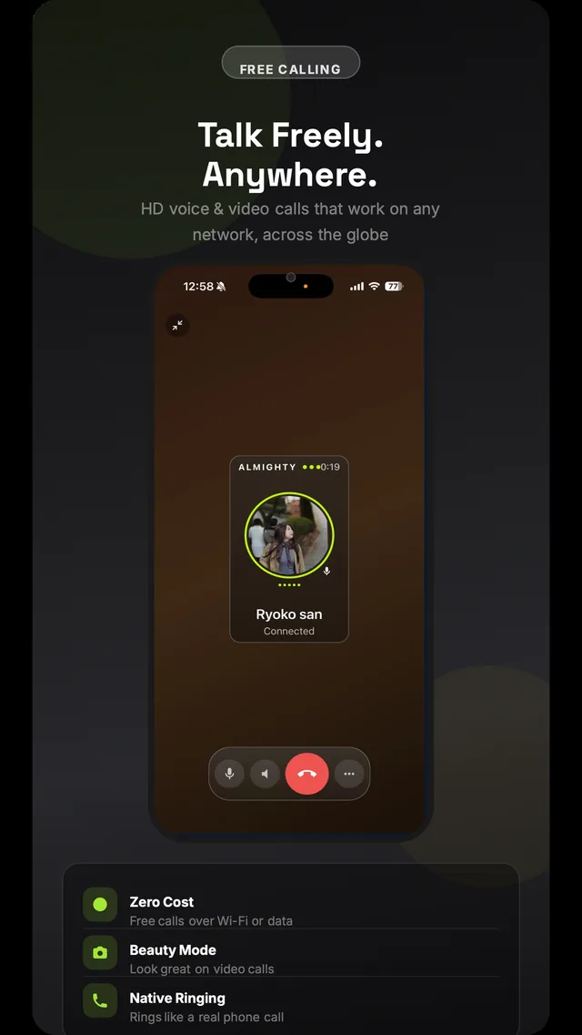 Almighty voice call screen showing a connected caller