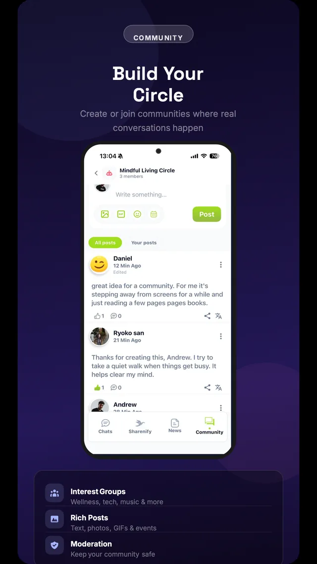 Almighty community screen with a post composer and threaded replies