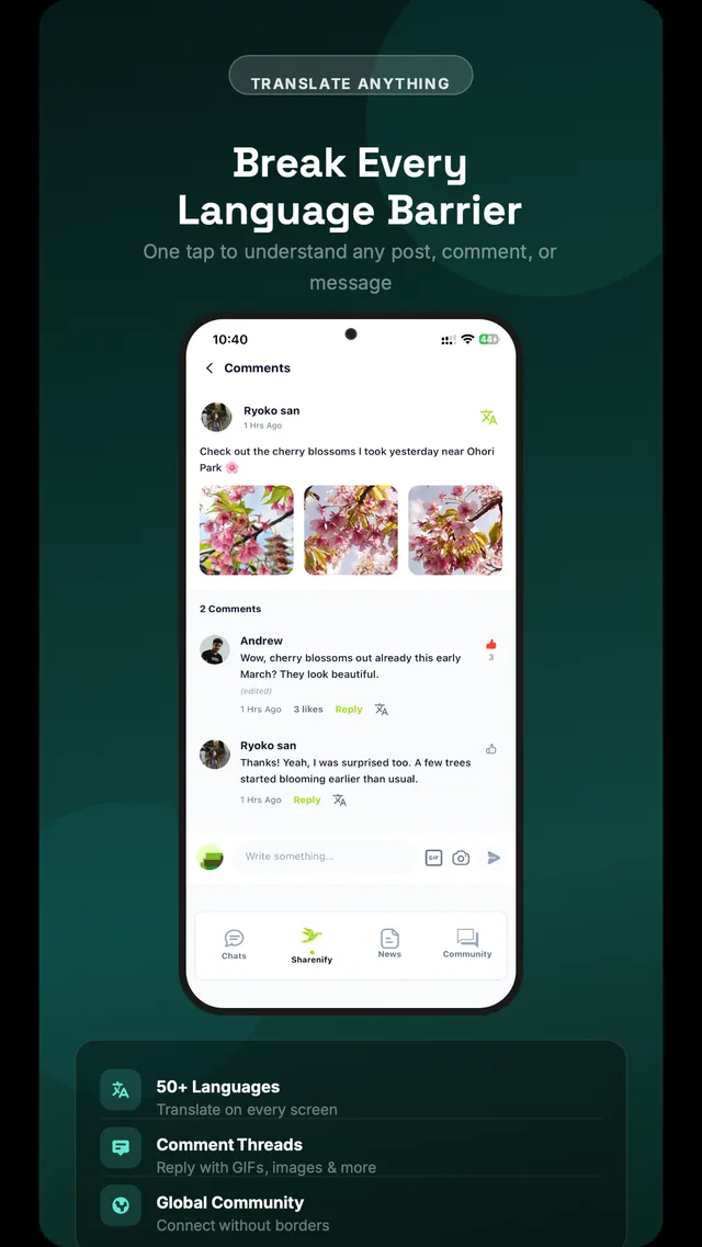 Almighty comment thread screen with inline translation